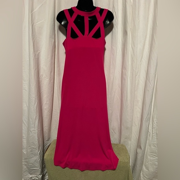 Hit Pink Fuscia Cupid Hi Lo Strappy Sexy Slinky Cocktail Dress Women's Sz M - Picture 2 of 4